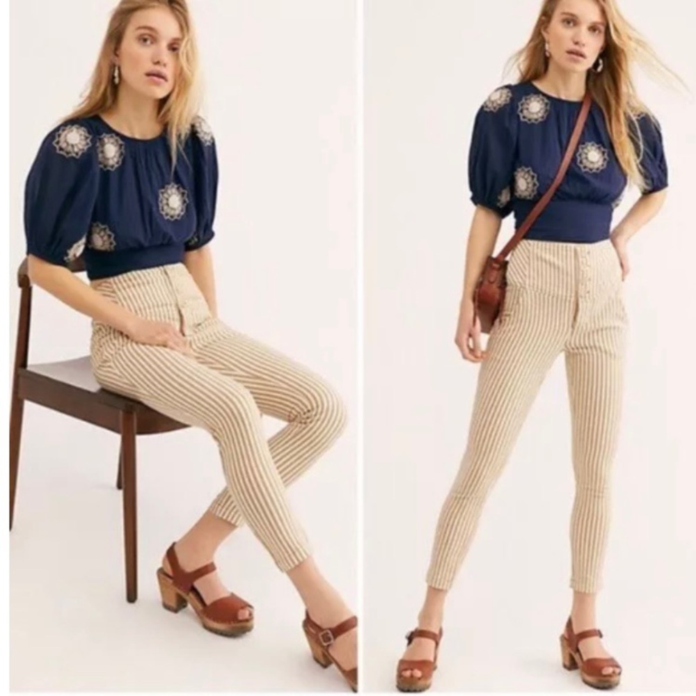 Free People Frankie High Waist Tan Stripe Skinny Pants Stretch Tailored Trousers